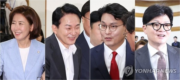 국민의힘 당대표 출마 선언을 한 나경원 의원(사진 왼쪽부터), 원희룡 전 국토부 장관, 윤상현 의원, 한동훈 전 비상대책위원장이 전날 오전 국회에서 열린 국민의힘 초선의원 공부모임에 참석하고 있다.