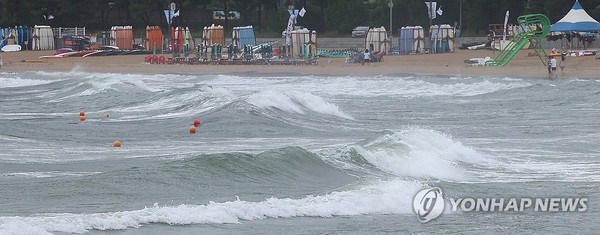 태풍 종다리 북상에 높아지는 파도(부산=연합뉴스) 강선배 기자 = 제9호 태풍 '종다리'가 북상 중인 20일 오전 부산 해운대구 송정해수욕장에 거센 파도가 몰아치고 있다. 2024.8.20