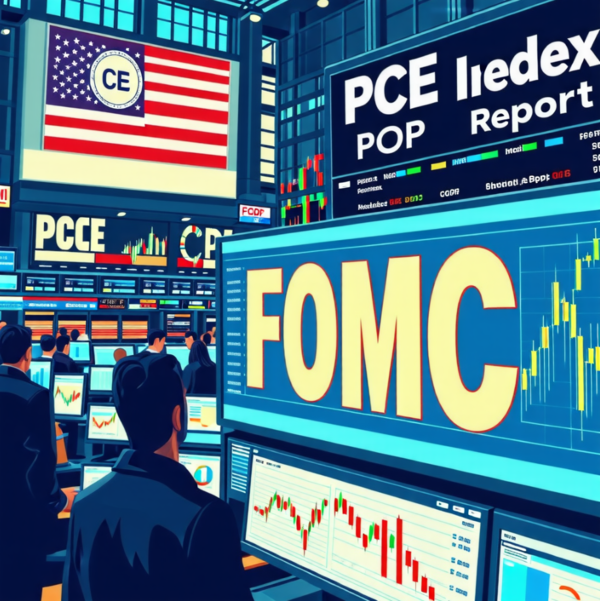 ▲ FOMC 정례회의, PCE(개인소비지출) 가격지수 등 이번 주 증시 이벤트를 시각적으로 표현한 이미지 (출처 뤼튼)